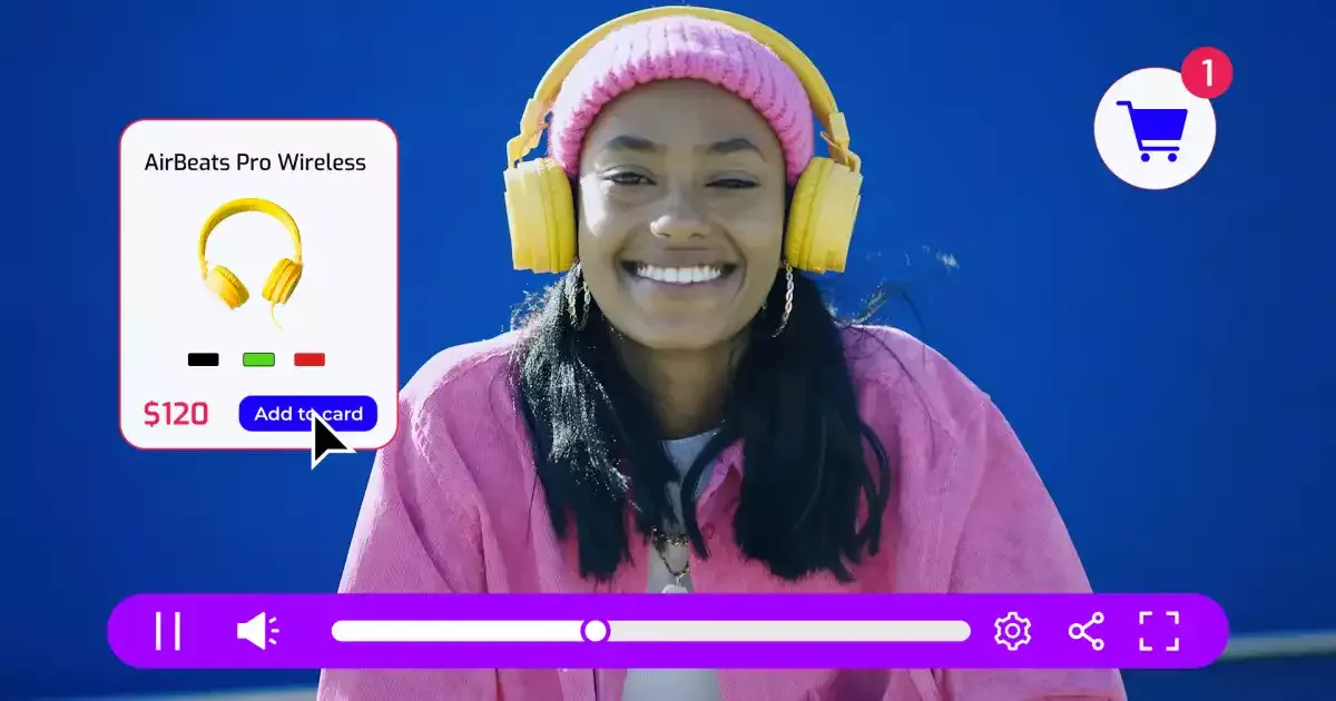 Shoppable video overlay showing Cinema8's interactive video platform, where a woman wearing headphones is smiling at the camera, and headphones can be added directly to the basket while watching the video.
